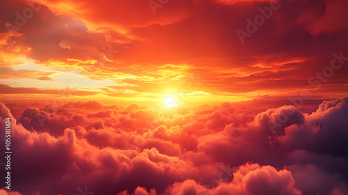 A dramatic sunset with vibrant red and orange hues illuminating the clouds.