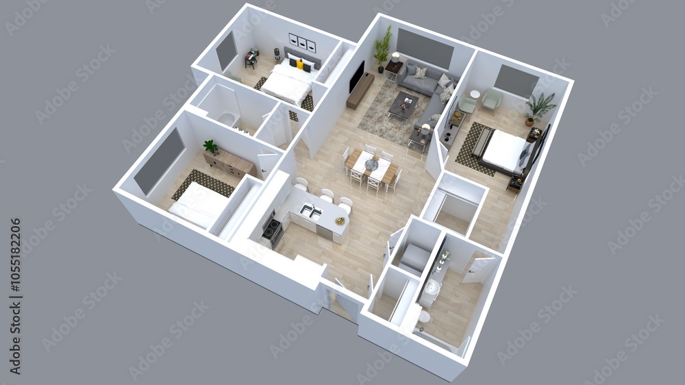 3D Floor plan of a2 Bedroom home, 3D illustration. Open concept living apartment layout 3D Floor plan of a2 Bedroom home, 3D illustration. Open concept living apartment layout