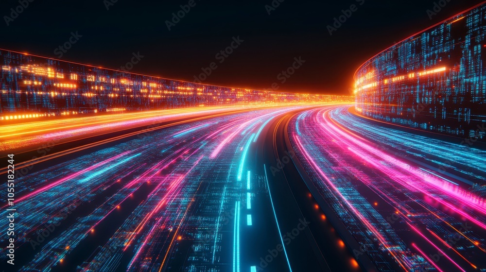 Futuristic High-Speed Neon Tunnel with Glowing Digital Panels and Holographic Effects Futuristic High-Speed Neon Tunnel with Glowing Digital Panels and Holographic Effects