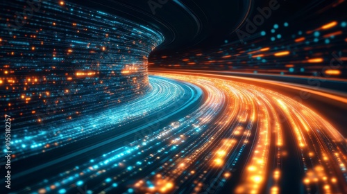 Futuristic High-Speed Neon Tunnel with Glowing Digital Panels and Holographic Effects