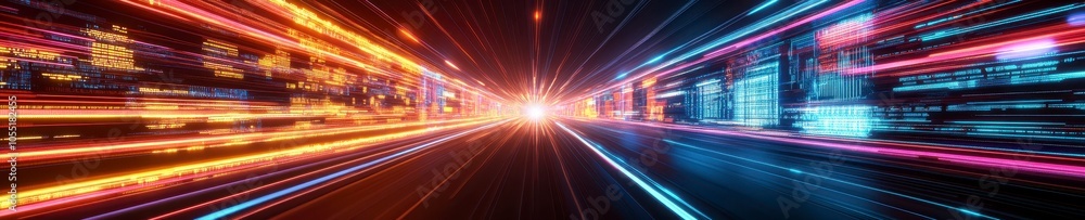 Futuristic High-Speed Neon Tunnel with Glowing Digital Panels and Holographic Effects Futuristic High-Speed Neon Tunnel with Glowing Digital Panels and Holographic Effects