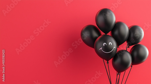 Black and red balloons with happy face on red background. Festive banner with copy spase photo