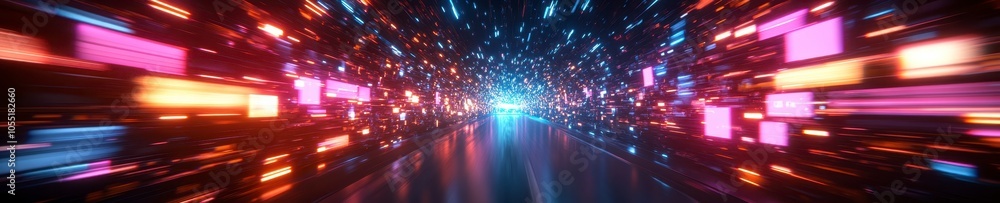 Futuristic High-Speed Neon Tunnel with Glowing Digital Panels and Holographic Effects Futuristic High-Speed Neon Tunnel with Glowing Digital Panels and Holographic Effects