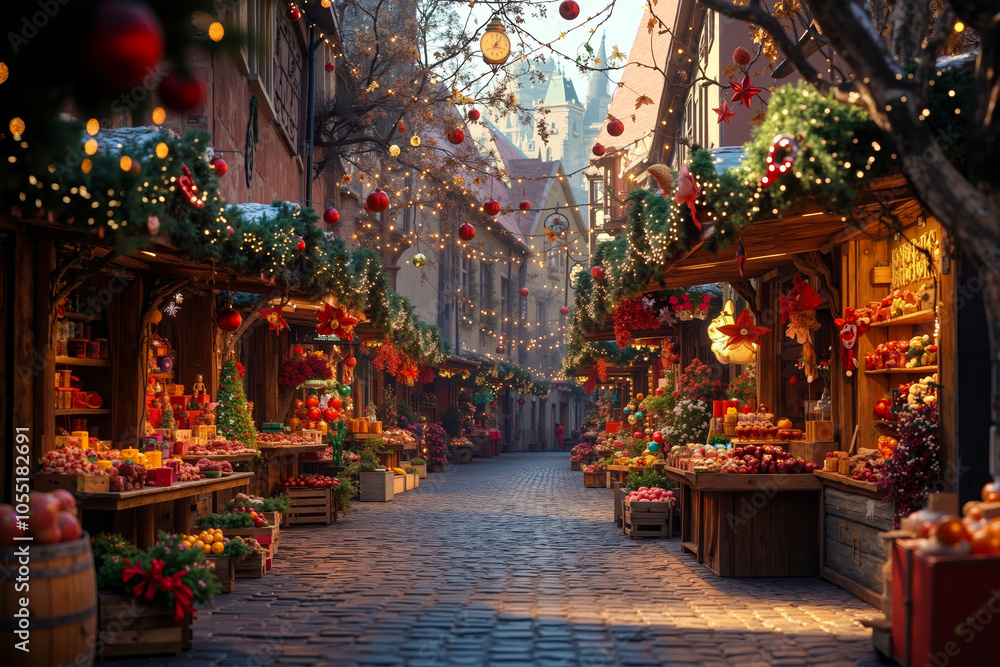 Fototapeta premium A festive, narrow, cobblestone street lined with wooden stalls and decorated with Christmas lights and garlands