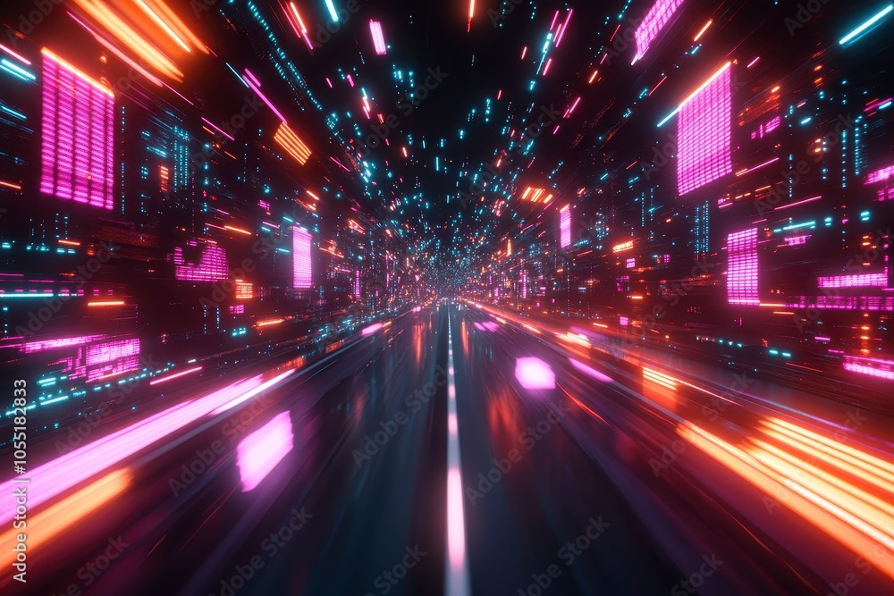 Futuristic High-Speed Neon Tunnel with Glowing Digital Panels and Holographic Effects Futuristic High-Speed Neon Tunnel with Glowing Digital Panels and Holographic Effects