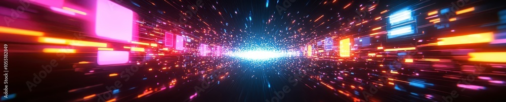 Obraz premium Futuristic High-Speed Neon Tunnel with Glowing Digital Panels and Holographic Effects