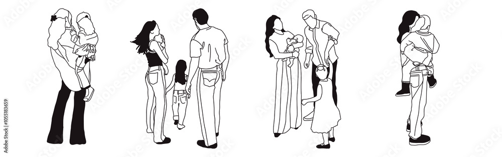 Hand-drawn doodle family icon set. Outline family clipart. Hand-drawn black art. Hand-drawn doodle family icon set. Outline family clipart. Hand-drawn black art.