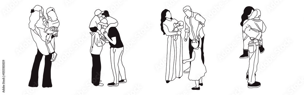 Hand-drawn doodle family icon set. Outline family clipart. Hand-drawn black art. Hand-drawn doodle family icon set. Outline family clipart. Hand-drawn black art.