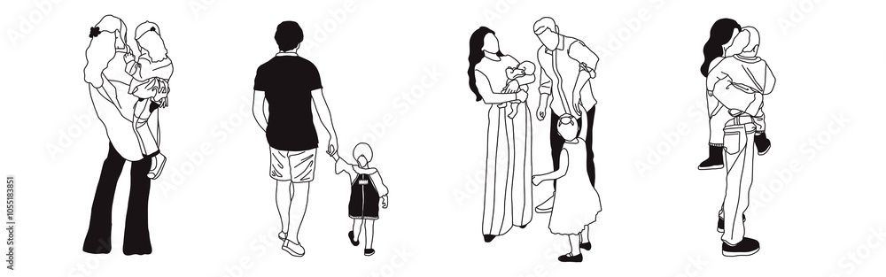 Hand-drawn doodle family icon set. Outline family clipart. Hand-drawn black art. Hand-drawn doodle family icon set. Outline family clipart. Hand-drawn black art.
