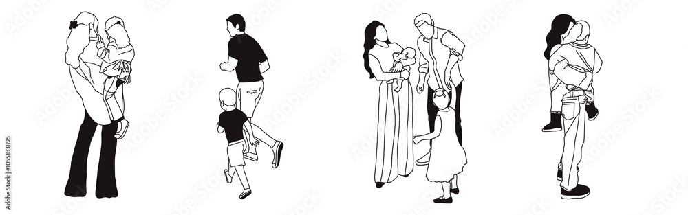 Hand-drawn doodle family icon set. Outline family clipart. Hand-drawn black art. Hand-drawn doodle family icon set. Outline family clipart. Hand-drawn black art.