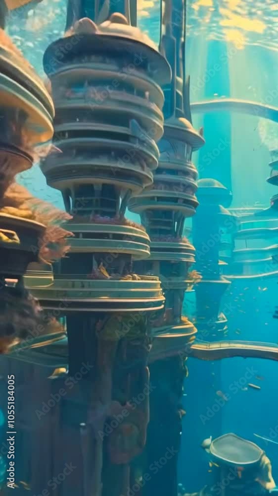 An underwater cityscape teeming with colorful fish and vibrant coral structures. An underwater cityscape teeming with colorful fish and vibrant coral structures.