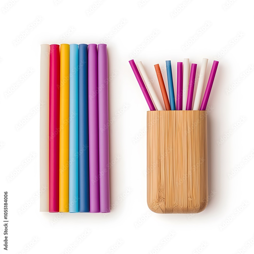 Fototapeta premium Colorful Silicone Straws with Bamboo Storage Case