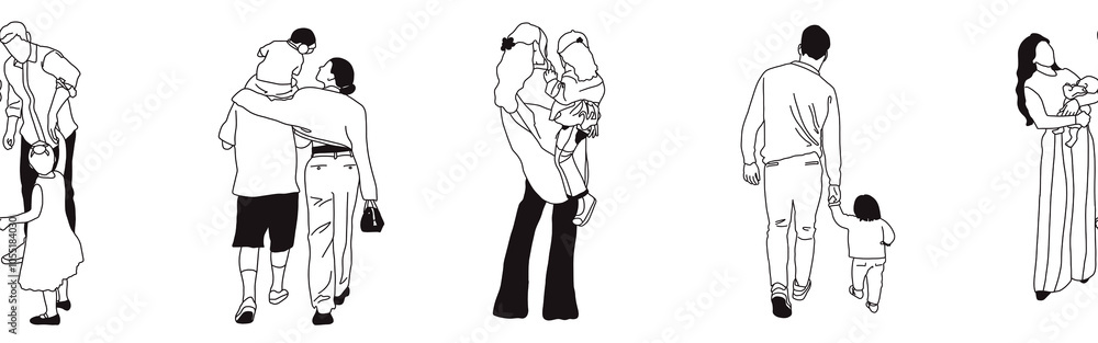 Hand-drawn doodle family border. Outline family clipart. Hand-drawn black art. Hand-drawn doodle family border. Outline family clipart. Hand-drawn black art.
