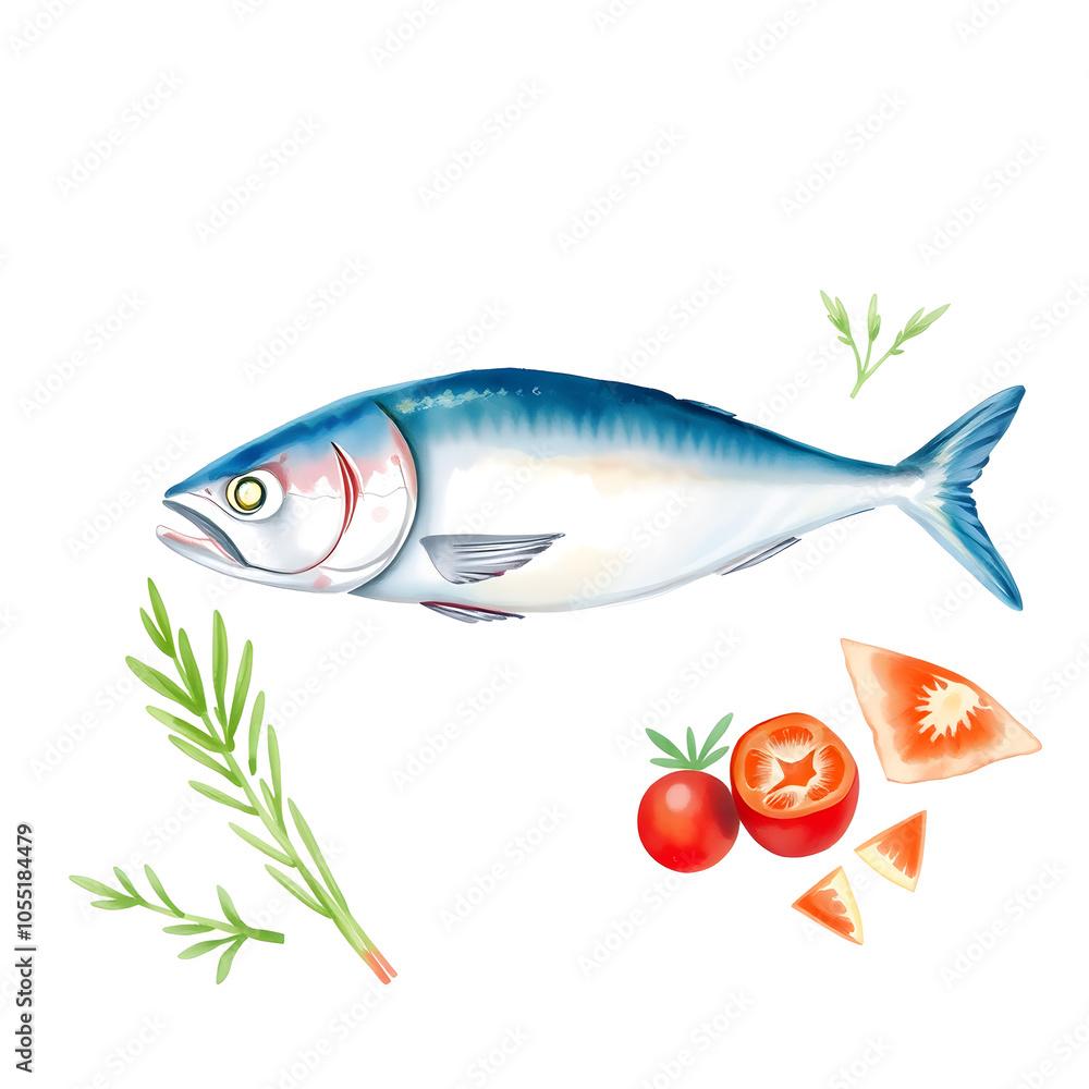 Watercolor illustration of fresh raw tuna on white background. Generative AI Watercolor illustration of fresh raw tuna on white background. Generative AI