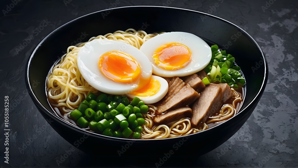 Ramen with egg and noodles, black bowl and foggy cozy ambiance. AI-generated. Ramen with egg and noodles, black bowl and foggy cozy ambiance. AI-generated.