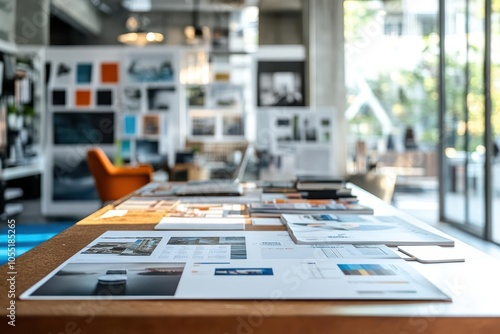 Office table with printed marketing materials and product portfolio open to showcase design