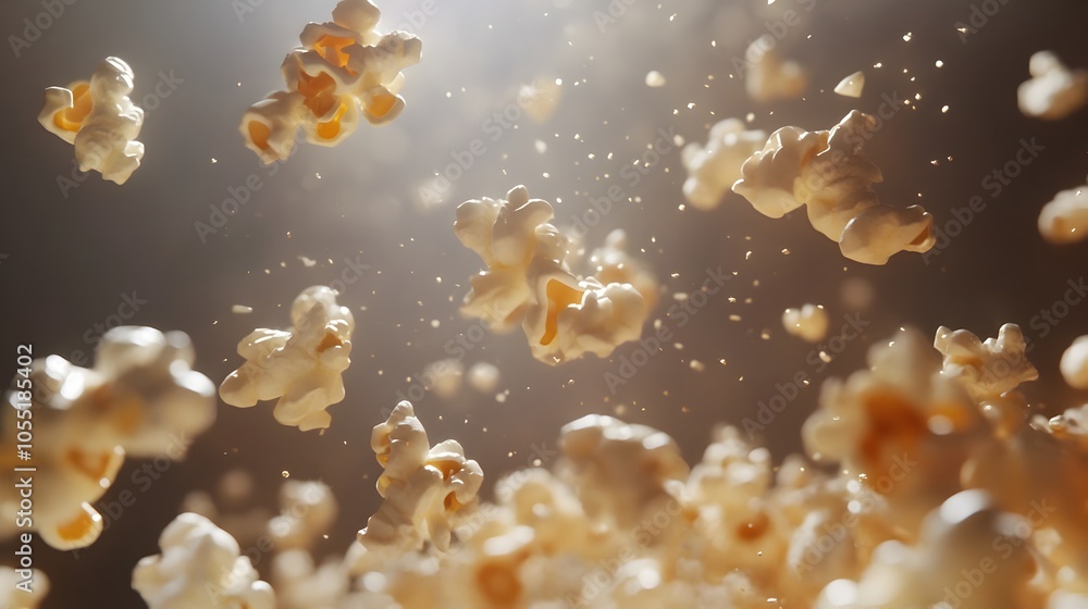 Mesmerizing 3D scene of floating popcorn kernels and pieces with dynamic lighting to showcase the texture and depth of this cinematic abstract food still life Mesmerizing 3D scene of floating popcorn kernels and pieces with dynamic lighting to showcase the texture and depth of this cinematic abstract food still life