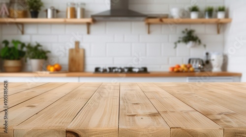 Cozy Kitchen Ambience, An inviting wooden table stands prominently, surrounded by a softly blurred modern kitchen, warm lighting enhances the homey atmosphere.