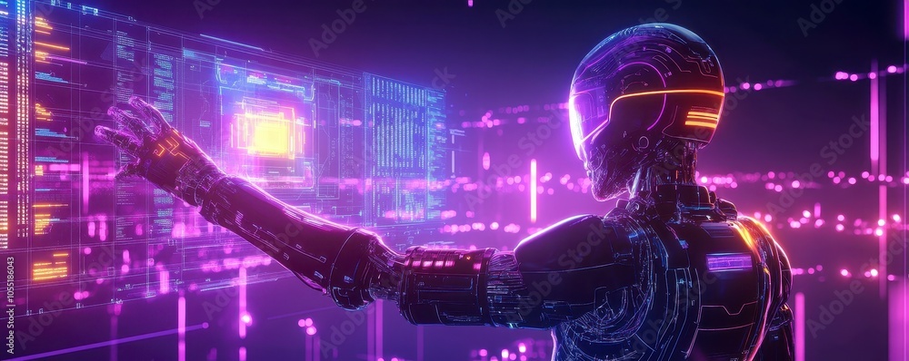 Digital Guardian Robot Protecting Data Streams with Holographic Cybersecurity Visuals Digital Guardian Robot Protecting Data Streams with Holographic Cybersecurity Visuals