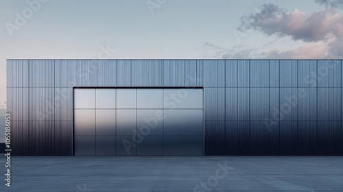 Wallpaper Mural Modern Architectural Entrance: A sleek, minimalist design features a large, open doorway framed by a striking facade of vertical metal panels, hinting at an intriguing space beyond. Torontodigital.ca