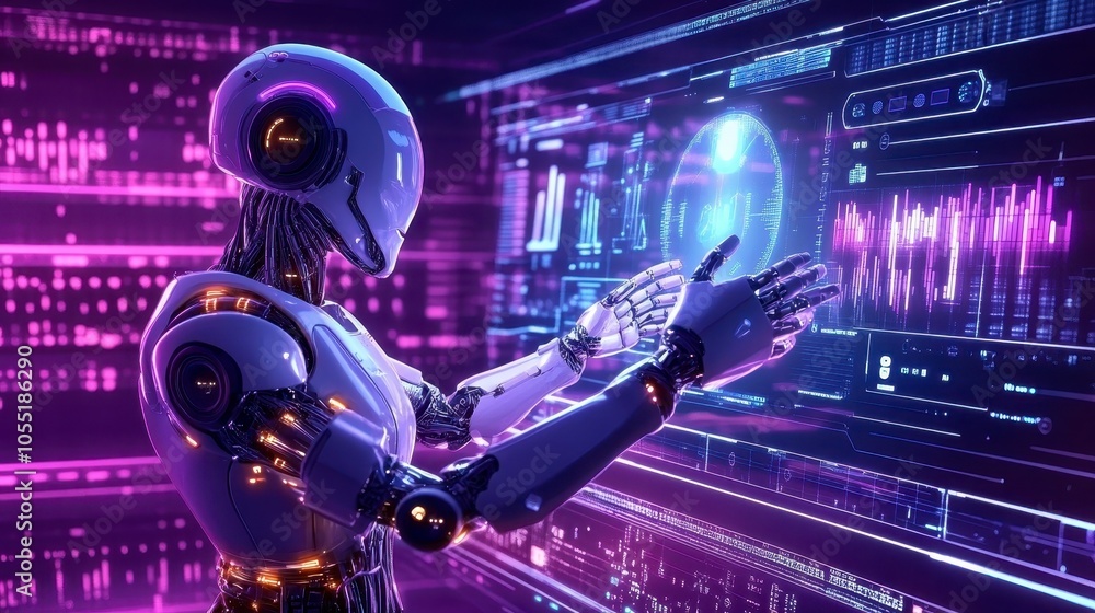 Digital Guardian Robot Protecting Data Streams with Holographic Cybersecurity Visuals Digital Guardian Robot Protecting Data Streams with Holographic Cybersecurity Visuals