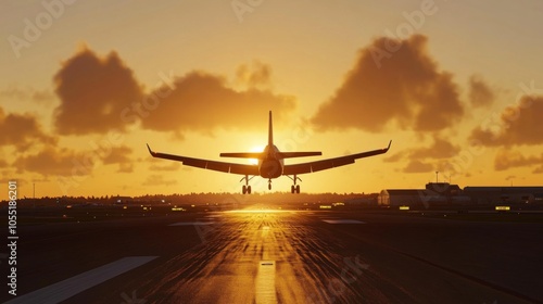 Airplane Landing at Sunset Over Airport Runway
