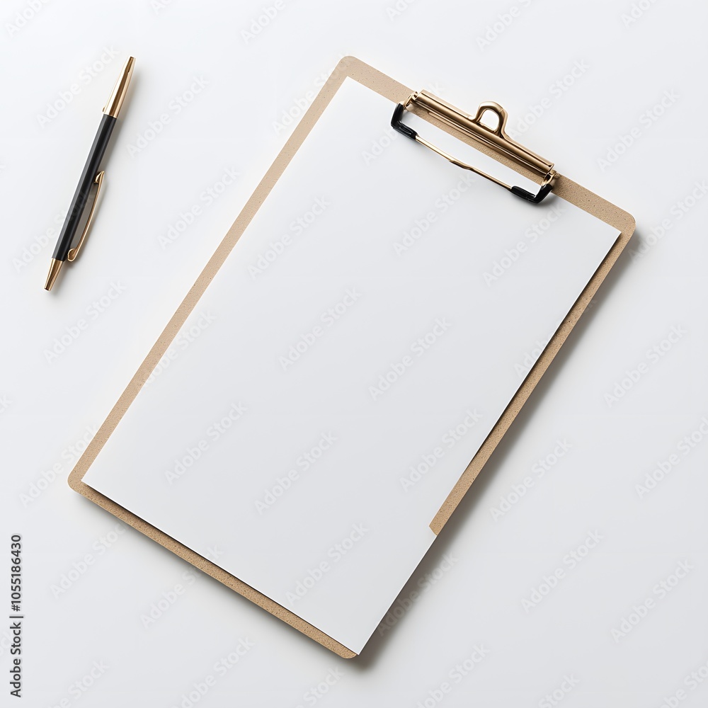 Blank Clipboard with Paper and Pen on a Flat Surface Blank Clipboard with Paper and Pen on a Flat Surface