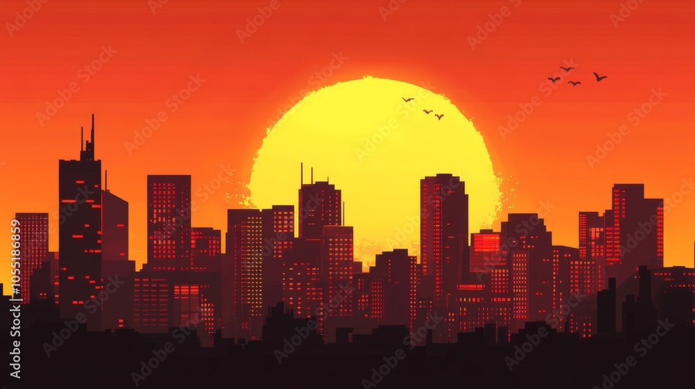 Fototapeta premium Silhouetted Cityscape at Sunset with High Contrast Lighting