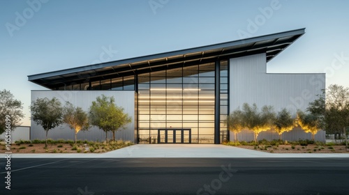 Modern Architectural Masterpiece: Sleek lines and expansive glass define this contemporary building, bathed in the soft glow of twilight. The design blends seamlessly with the surrounding landscape.