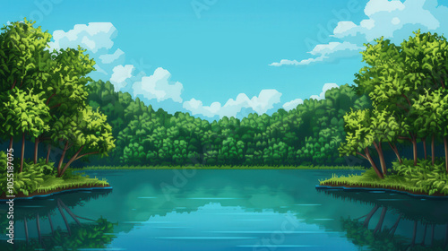 Serene Pixel Art Lake, tranquil waters reflecting vibrant greenery and a bright blue sky, 8-bit style creates a peaceful panorama with ample text space and detailed depth.