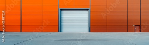 Industrial Entrance: A sleek, modern industrial building with a large, closed roller door, ready for action. The orange facade and concrete floor offer a stark yet stylish contrast.