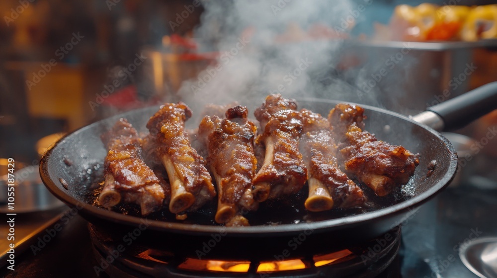 Juicy Meat Sizzling in Hot Pan with Smoke Juicy Meat Sizzling in Hot Pan with Smoke
