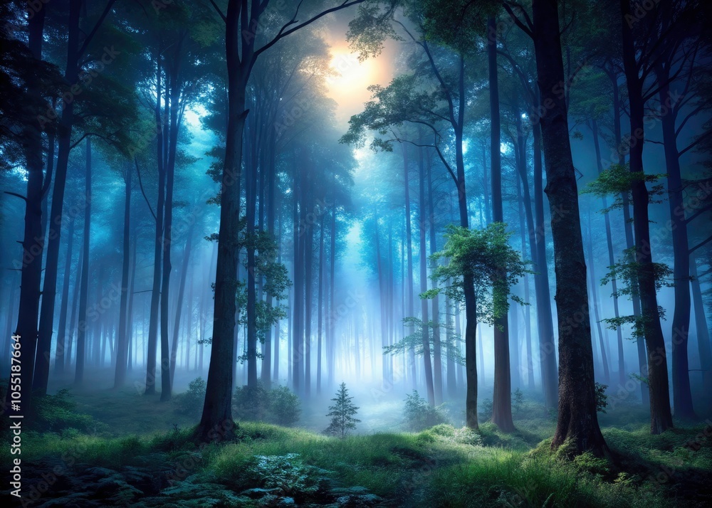 Naklejka premium Spooky Forest with Hidden Creatures in Deep Dark Colors - Mysterious Atmosphere, Enigmatic Shadows, Creepy Wildlife, Eerie Landscapes, Haunting Nature, Nighttime Exploration