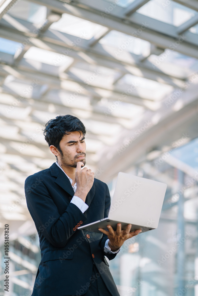 Portrait of Asian businessman holding smartphone and laptop computer. Office worker at business center. Portrait of Asian businessman holding smartphone and laptop computer. Office worker at business center.