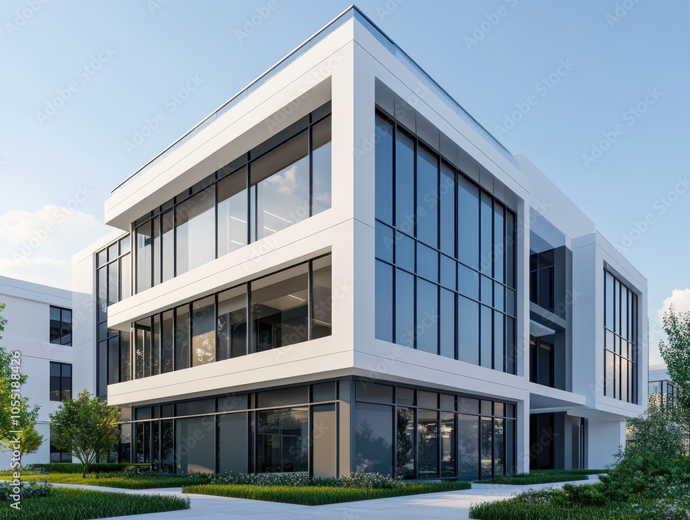 Modern commercial building showcasing sustainable architecture with clean lines and eco-friendly design elements. Modern commercial building showcasing sustainable architecture with clean lines and eco-friendly design elements.