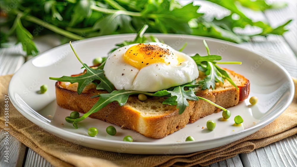 Fried toast with arugula and poached egg on a white plate, food, breakfast, brunch, healthy, gourmet, delicious, culinary Fried toast with arugula and poached egg on a white plate, food, breakfast, brunch, healthy, gourmet, delicious, culinary