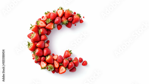 A crescentshaped arrangement of whole and halved red strawberries creates a stylized letter C against a stark white background. photo