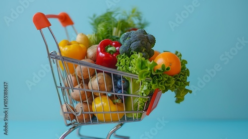 Fresh Groceries in Shopping Cart - Healthy Vegetables and Fruits on blue background