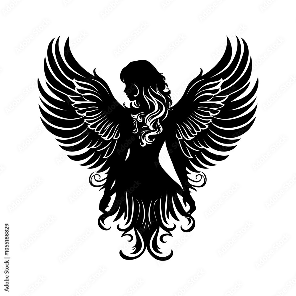 A black and white drawing of a woman with long hair and wings. A black and white drawing of a woman with long hair and wings.