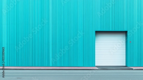 A view of a minimalist industrial warehouse hangar with clean turquoise walls.