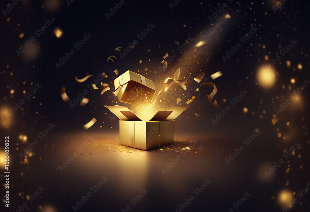 An open golden gift box with a glowing light emanating from it, surrounded by confetti and ribbons against a dark background. An open golden gift box with a glowing light emanating from it, surrounded by confetti and ribbons against a dark background.