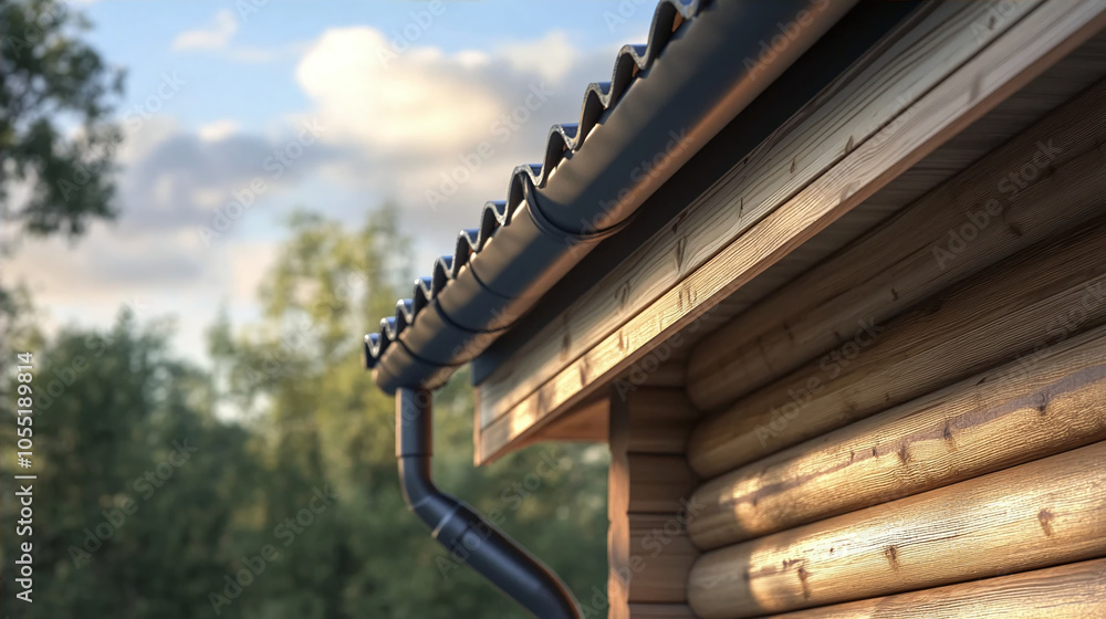 a corner of a wooden house with a round log facade. A dark metal drainage system is installed on the roof, which drains water from the roof a corner of a wooden house with a round log facade. A dark metal drainage system is installed on the roof, which drains water from the roof