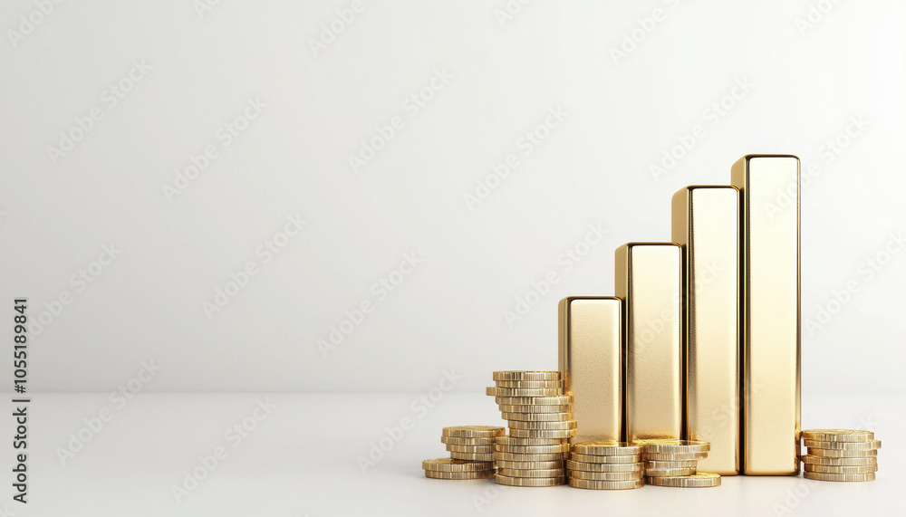 A modern representation of financial growth, showcasing gold bars and coins arranged in an ascending order against a minimalistic background. A modern representation of financial growth, showcasing gold bars and coins arranged in an ascending order against a minimalistic background.