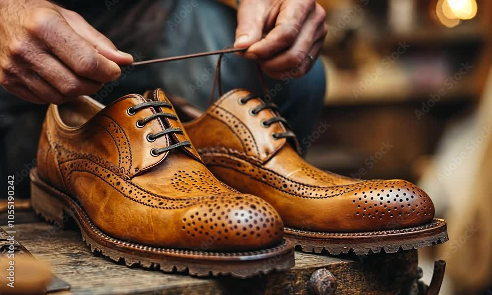 A close-up of stylish brown leather dress shoes being laced. A close-up of stylish brown leather dress shoes being laced.