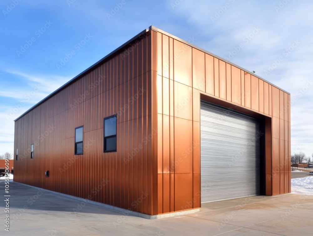 Modern Copper Garage: A sleek, modern garage with copper siding and a sleek, gray garage door. The garage is set against a blue sky and snowy landscape. Modern Copper Garage: A sleek, modern garage with copper siding and a sleek, gray garage door. The garage is set against a blue sky and snowy landscape.