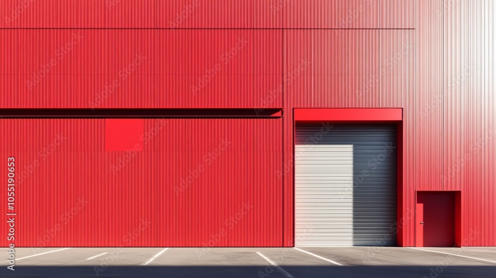 Side view of a minimalist industrial hangar warehouse with pure red walls and a sturdy silver metal frame. Side view of a minimalist industrial hangar warehouse with pure red walls and a sturdy silver metal frame.