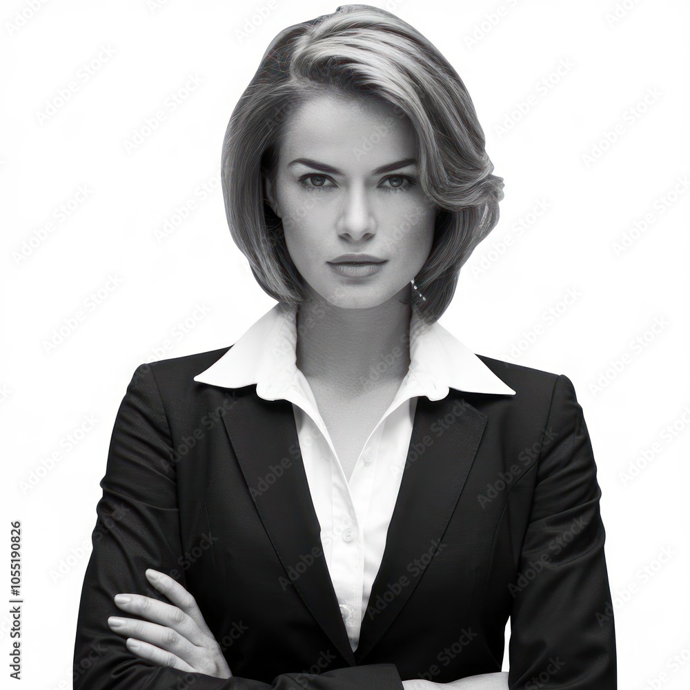 Businesswoman in a formal outfit using a mobile phone application, pointing at the smartphone screen with a focused expression, isolated over a white background Businesswoman in a formal outfit using a mobile phone application, pointing at the smartphone screen with a focused expression, isolated over a white background