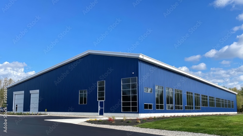 New Blue Building Exterior: Modern industrial facility with sleek blue facade, large windows, and ample parking. A symbol of growth and innovation. New Blue Building Exterior: Modern industrial facility with sleek blue facade, large windows, and ample parking. A symbol of growth and innovation.