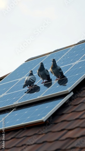 Solar panels on a roof with 3 pigeons sitting in the roof solar panel Ultra realistic Photorealistic  photo