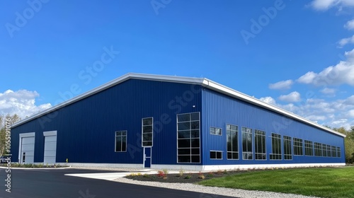 New Blue Building Exterior: Modern industrial facility with sleek blue facade, large windows, and ample parking. A symbol of growth and innovation. 